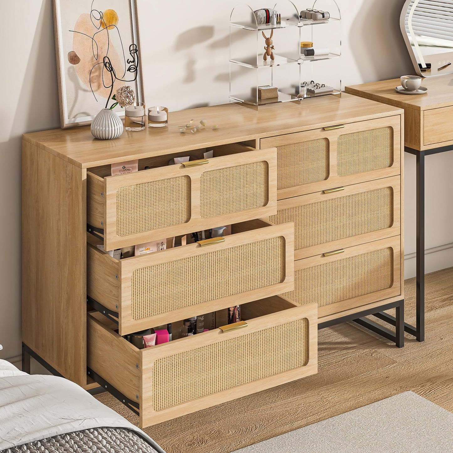 Fiogmub Rattan 6 Drawer Dresser, Chest of Drawers，Modern Mid Century Closet Storage Wood Bamboo Furniture Accent Storage Cabinet Bedroom Living Room Dining Room