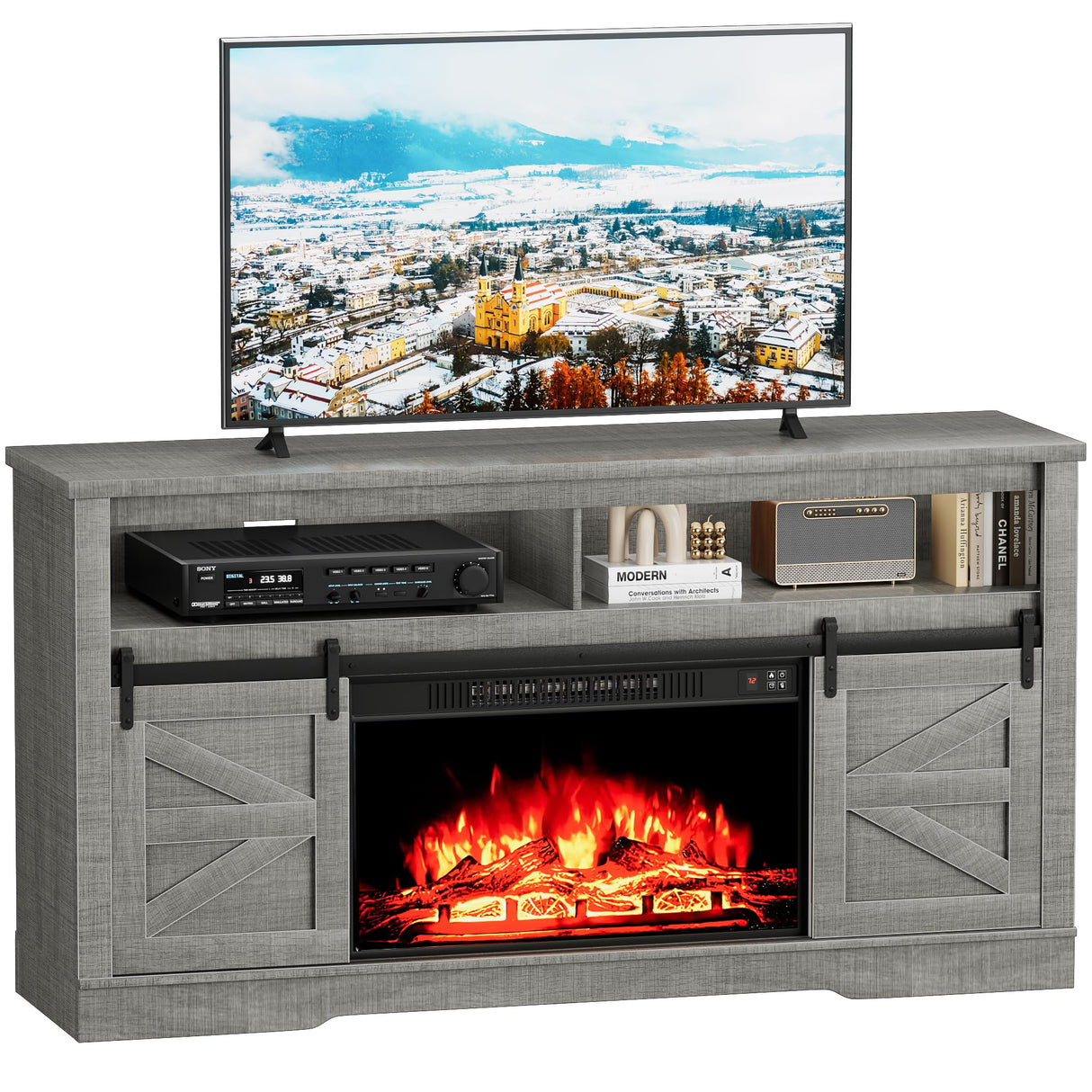 Furniwell Electric Fireplace TV Stand for TVs up to 65", Media Entertainment Center with 26” Fireplace, Farmhouse Console with Sliding Barn Door and Adjustable Storage Shelves for Living Room (Gray) Furniwell