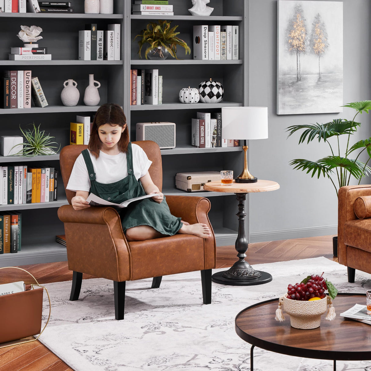 Yaheetech Modern Armchair, Mid Century PU Leather Accent chair with Sturdy Wood Legs and High Back for Small Space, Upholstered Sofa Club Chair for Living Room/Bedroom/Office, Retro Brown Yaheetech