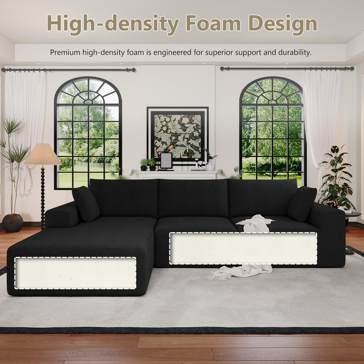 108”Modular Sectional Sofa, 4 Seat Cloud Sectional Couch for living Room with Deep Seat, Modern L-Shape Couch with Oversized Chaise, Upholstered Couches with Waist Pillows, No Assembly Required(Black) B.Sauraseng