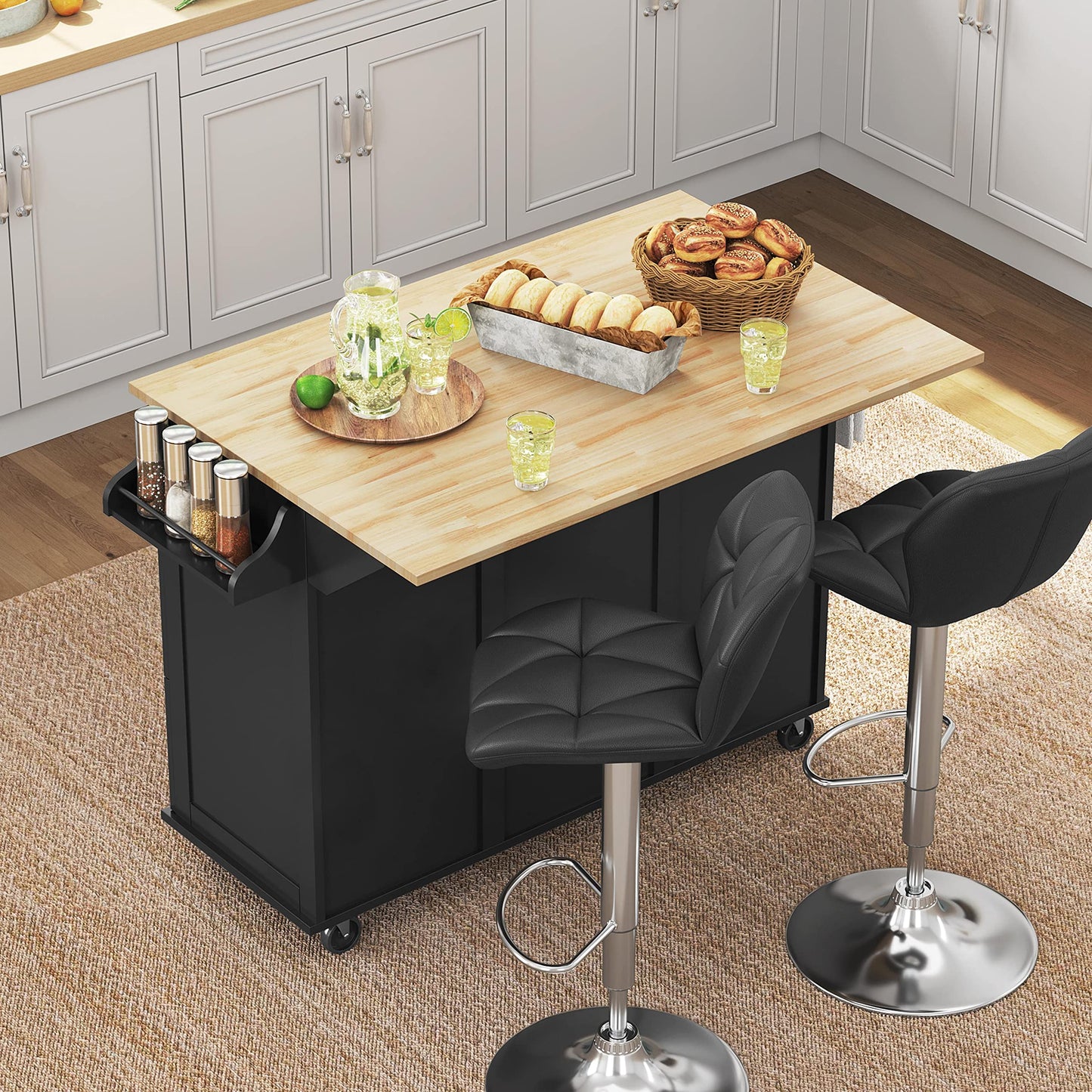 Yaheetech Black Kitchen Island Cart with Drop-Leaf Countertop, Storage Cabinet, and 3 Drawers on Wheels - WoodArtSupply