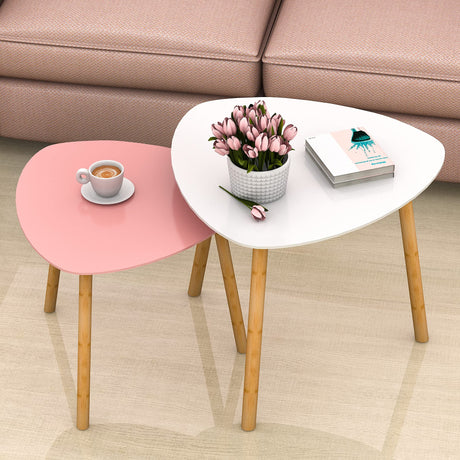 Bambloom Bamboo Nesting Coffee Tables - Small Coffee Table for Living Room, Set of 2 Triangle End Table Modern Side Table for Bedroom Apartment Balcony Yard Small Spaces, (White & Pink) Bambloom