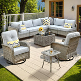 Outdoor Sectional Patio Furniture Set with Swivel Rocking Chairs,10 Pieces Wicker Conversation Sets L Shaped Couch Out Door Sofa Set Outside Furniture for Garden Deck Yard Porch,Grey POUUIN