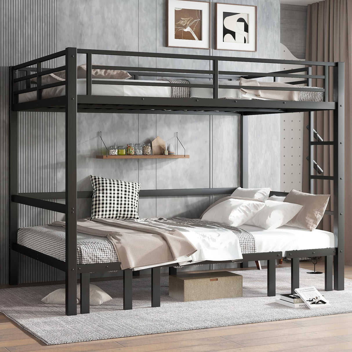 Queen Over Queen Bunk Bed for Adults, Heavy Duty Bunk Bed can Turns into Loft Bed with U-Shaped Sofa, Adults Bunk Bed with SafetyRails and Side Ladder, Black(Not Include Cushion) Bellemave