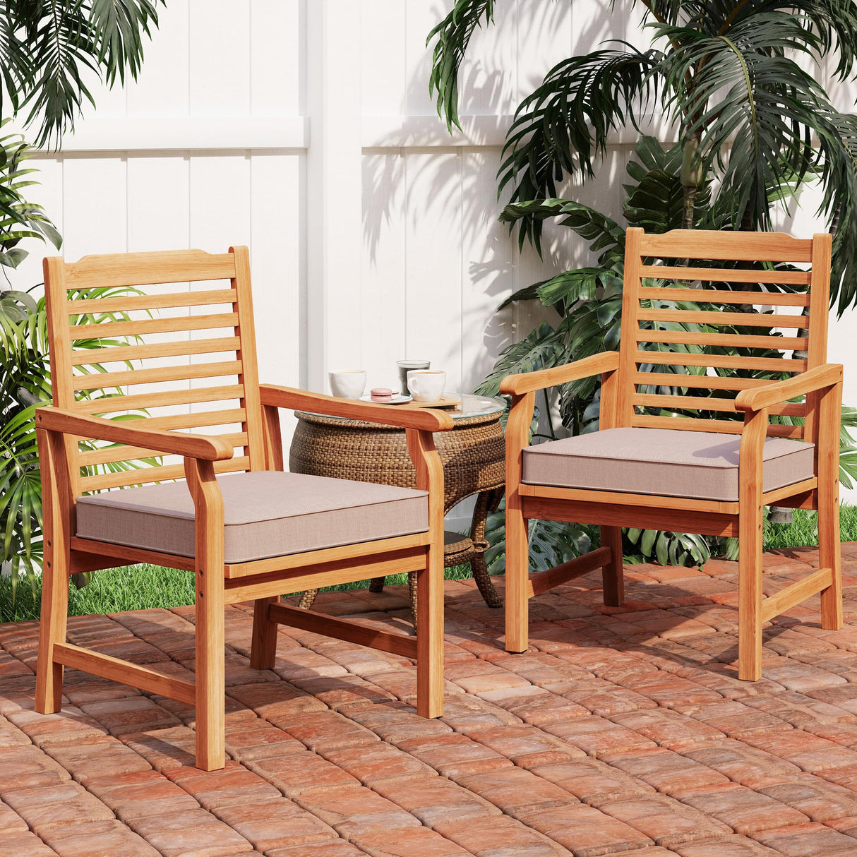 PHI VILLA 2 Pieces Acacia Wood Outdoor Dining Chairs with Cushions, Patio Oil Finished Wooden Armchairs Set of 2, Natural Teak Dining Chairs for Deck, Yard, Porch PHI VILLA