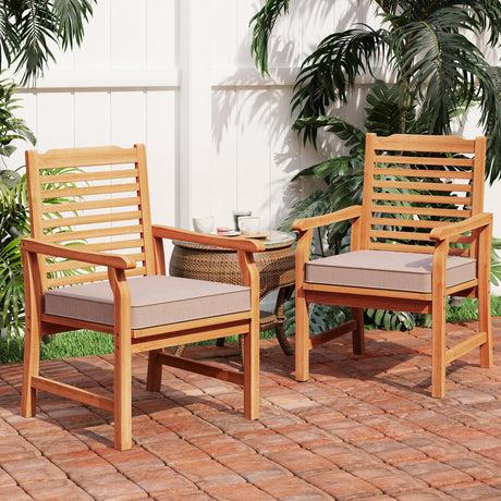 PHI VILLA 2 Pieces Acacia Wood Outdoor Dining Chairs with Cushions, Patio Oil Finished Wooden Armchairs Set of 2, Natural Teak Dining Chairs for Deck, Yard, Porch PHI VILLA
