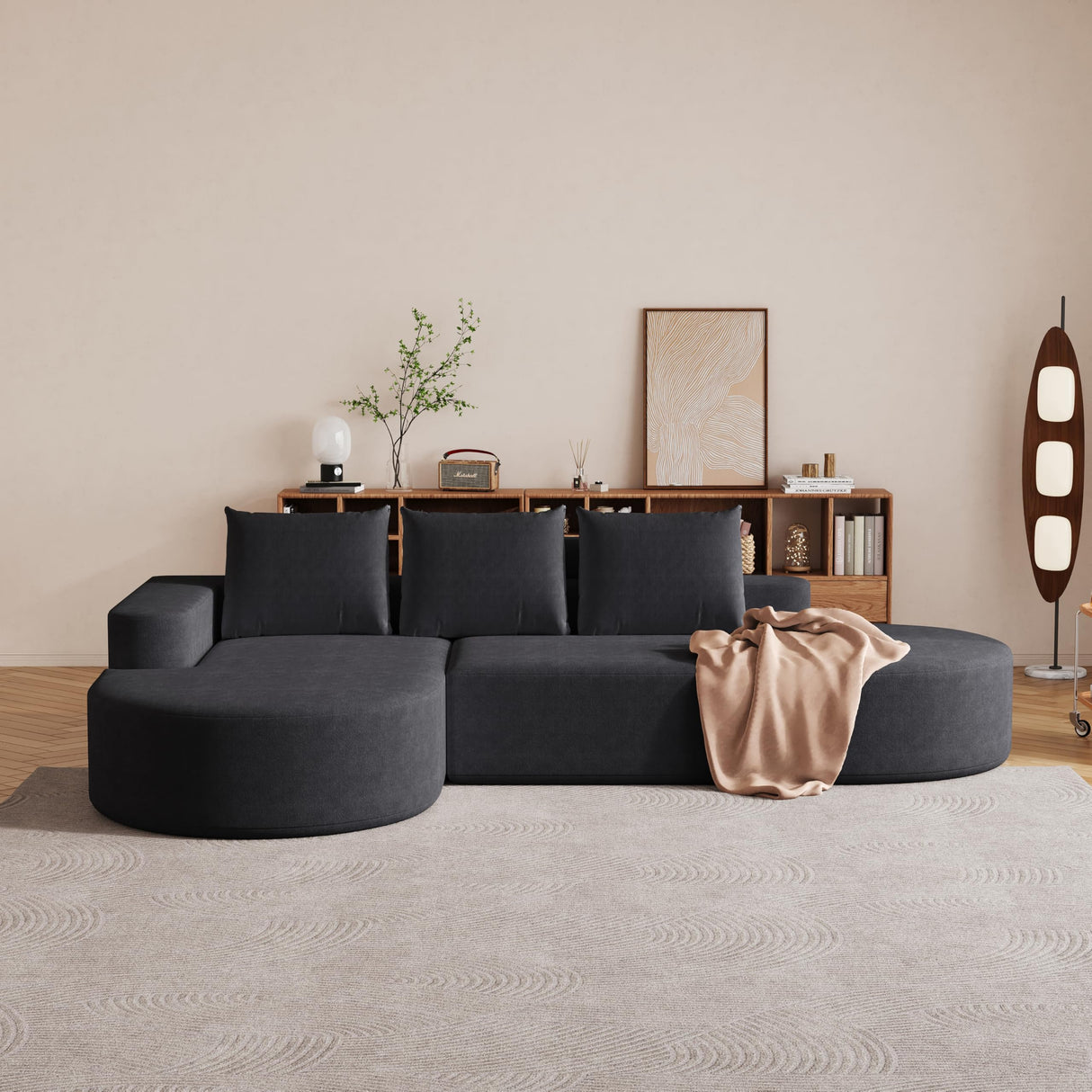 KEIKI 108.5" L Shaped Corner Sofa, Curved Sectional Couch with Chaise, Upholstered Chenille Sectional Couch for Living Room, Bedroom, Black KEIKI