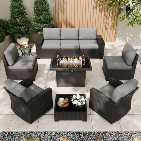 KHOLH Patio Furniture Set with Fire Pit Table, 10 Pieces Outdoor All-Weather Wicker Conversation Sectional Chair Sofa Set with 2 Swivel Chairs KHOLH