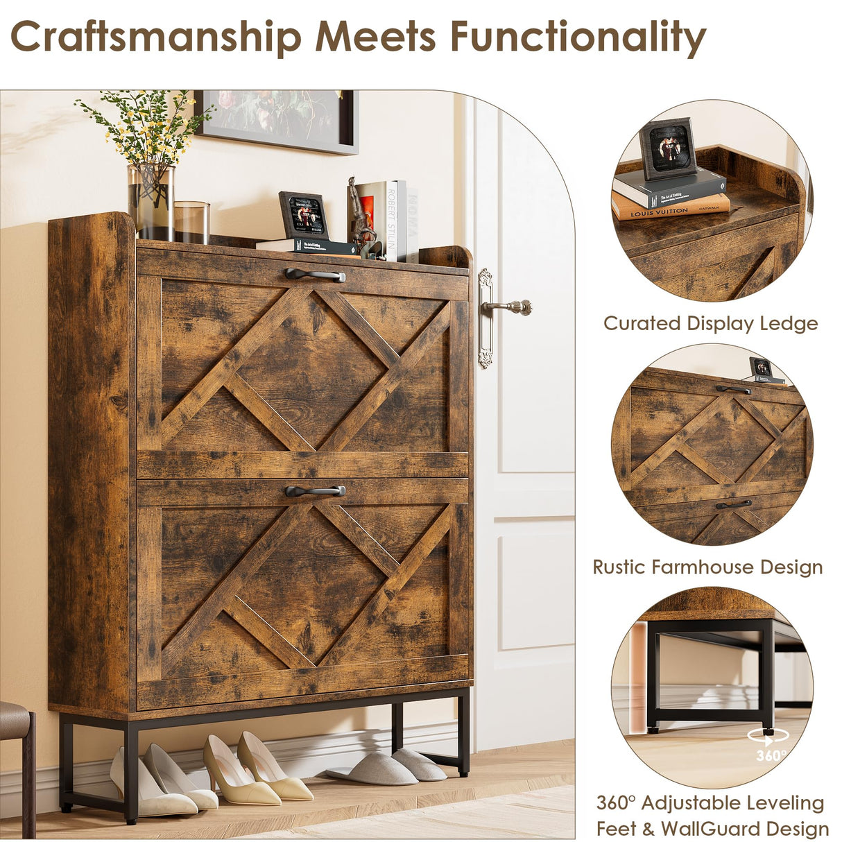 Nicetree Shoe Cabinet Organizer with 2 Flip Drawers, Freestanding Narrow Rack with Metal Legs, Farmhouse Slim Shoe Storage for Entryway, Foyer, Hallway, Rustic Brown Nicetree