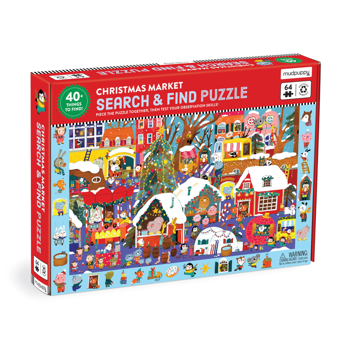 Mudpuppy Christmas Market – 64 Piece Search & Find Jigsaw Puzzle Featuring Festive Critters Shopping Around The Christmas Market and Over 40 Hidden Images to Find Mudpuppy