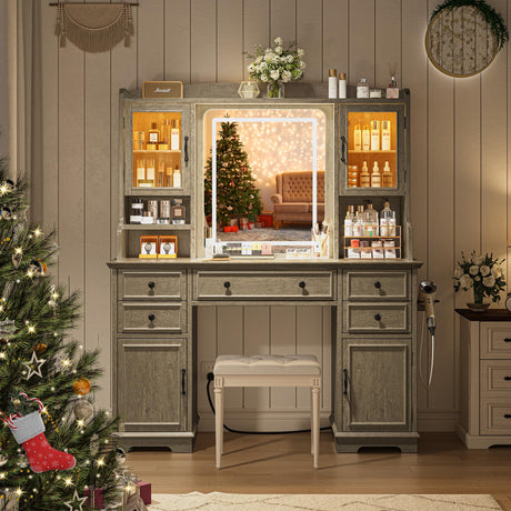 EnHomee Farmhouse Vanity Desk with LED Lighted Mirror, Makeup Vanity Table with RGB Cabinets and Lots Storage, 5 Drawers and 6 Storage Shelves for Bedroom and Dressing Room, Dark Oak EnHomee