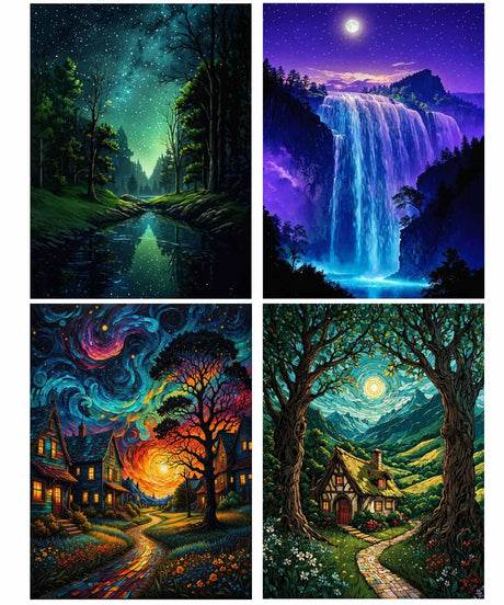 Lovepefe Starry Sky Paint by Numbers Kit for Adults, 4 Pack Country Night Paint by Number Kits for Beginner Moon Acrylic On Canvas DIY Oil Painting Kit for Gift Home Wall Decor 12x16 Inch Lovepefe