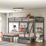 Triple Bunk Bed Full Over 2 Twin Bunk Bed for 3, Wood Triple Bunk Bed with 3 Drawers and Guardrails, 3 Bunk Bed for Teens, Kids, Boys, Girls, Teens, Adults No Box Spring Needed Flieks