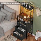 Furologee 44'' Tall Nightstand with Charging Station, Bedside Table with LED Lights, End Table with 3 Drawers and Storage Shelves, Night Stand with Pegboard for Bedroom, Black Oak Furologee