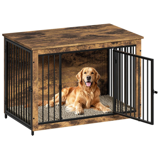 BREEZEHEAT Dog Crate Furniture with Cushion, 38'' Wooden Dog Crate Kennel with Double Doors, Heavy-Duty Dog Cage End Table for Small/Medium Dog, Indoor Dog House, Rustic Brown - WoodArtSupply