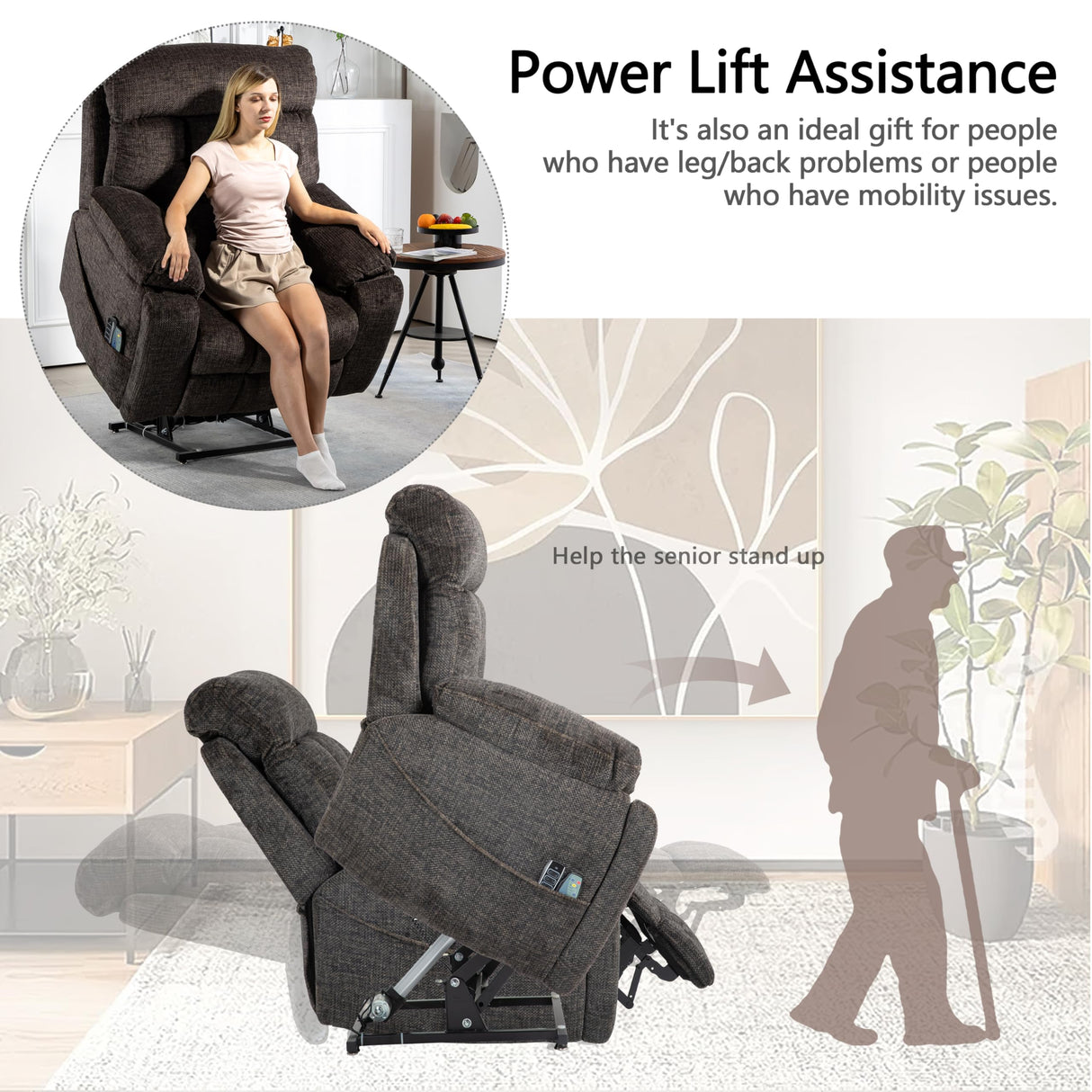 JIKFRIMA 4 OKIN Motor Power Lift Recliner Chair for Elderly Adults Extra Large Lay Flat Recliners with Massage Heat, Adjustable Head-Back-Lumbar-Leg-Support, Extended Footrest, 2 Cup Holders JIKFRIMA