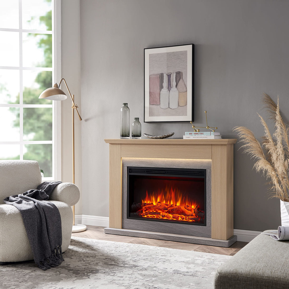 LegendFlame® Harrison Electric Fireplace with 48” Mantel Surround and Jaden 31" Insert, Natural Oak with Light Grey Marble Finish Legend Flame