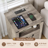 Maupvit Farmhouse Night Stand with Charger Station & Ceramic Handle, Wood Nightstand with 2 Storage Drawers, LED Bedroom Nightstand, Bedside Tables, Grey Maupvit