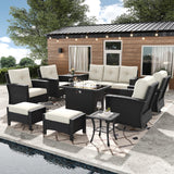 FUARTIO 10 Pieces Outdoor Patio Furniture Set with Fire Pit Table, Wicker Patio Sectional Set Conversation Wicker Swivel Chairs with Small Side Table FUARTIO