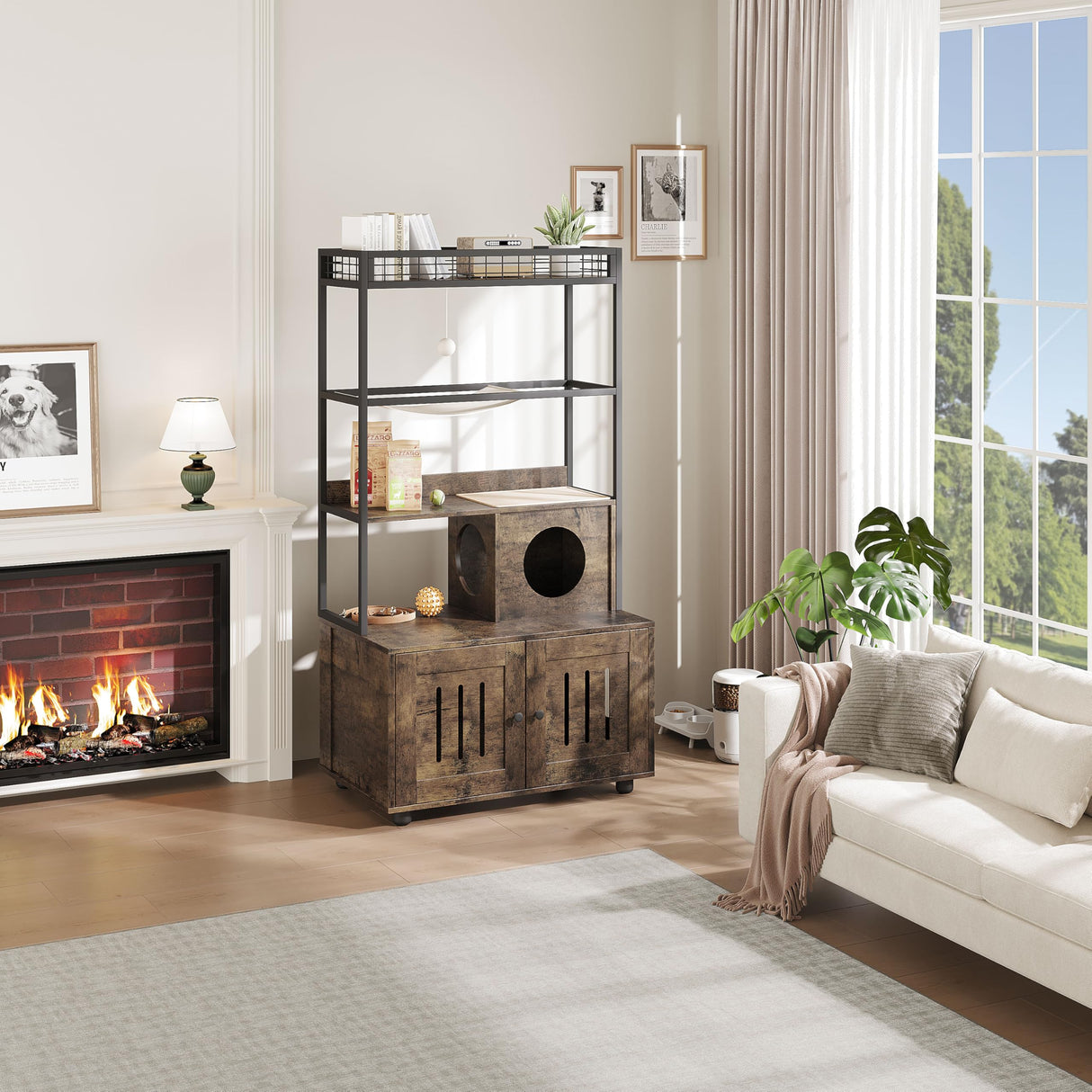 Litter Box Enclosures with Metal Frame, Indoor Tall Cat Litter Box Furniture Hidden with Storage Shelf, Retro Brown IDEALHOUSE