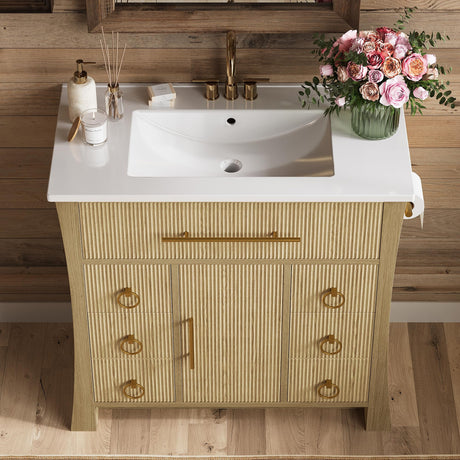 IRONCK 36" Bathroom Vanity with Sink, Freestanding Bathroom Sink Cabinet with 4 Drawers & 1 Flip-Down Drawer, Wood Grain Texture, Metal Handle, Farmhouse IRONCK