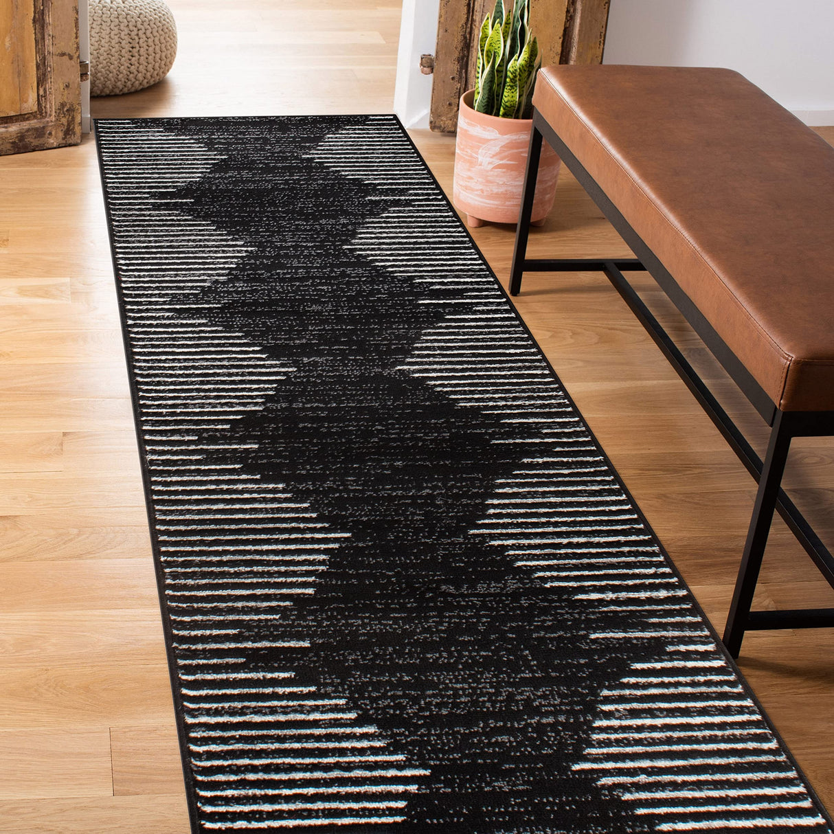 Rugshop Bohemian Stripe Stain Resistant High Traffic Living Room Kitchen Bedroom Dining Home Office Runner Rug 2'x7' Black Rugshop