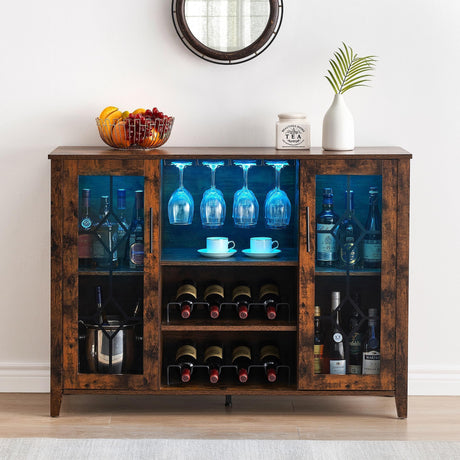 Assile Bar Cabinet with LED Lights, 47" Kitchen Cabinets Storage with Wine Rack and Glass Holder, Coffee Storage Cabinets with Doors, Rustic Compartment Retro Brown Assile