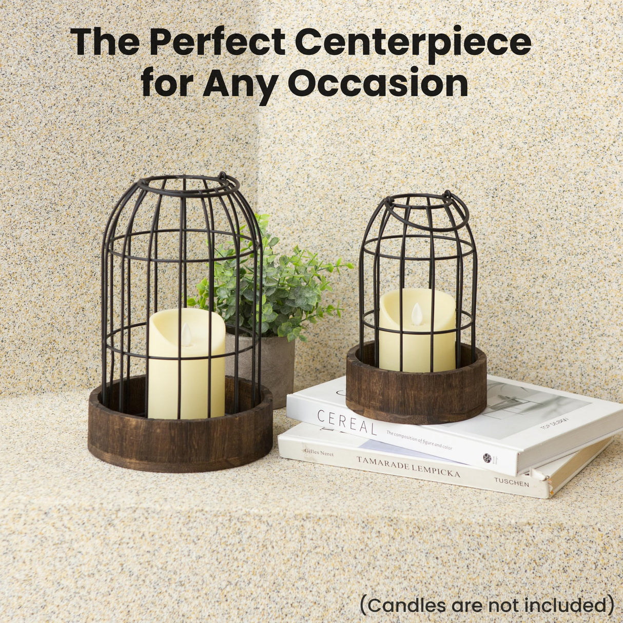 Perfnique Decorative Candle Lantern, Set of 2 Farmhouse Table Lanterns for Home Decor, Rustic Table Centerpieces for Dining Room, Fireplace Mantle Kitchen Decoration (Walnut) PERFNIQUE