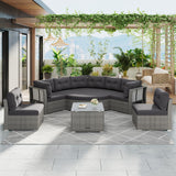 NCKMYB Half Moon Patio Furniture Set 9 Pieces - Outdoor Modular Couch Rattan Daybed Sectional with Tempered Glass Table, Weather-Resistant Iron Frame & Cushions - Grey NCKMYB