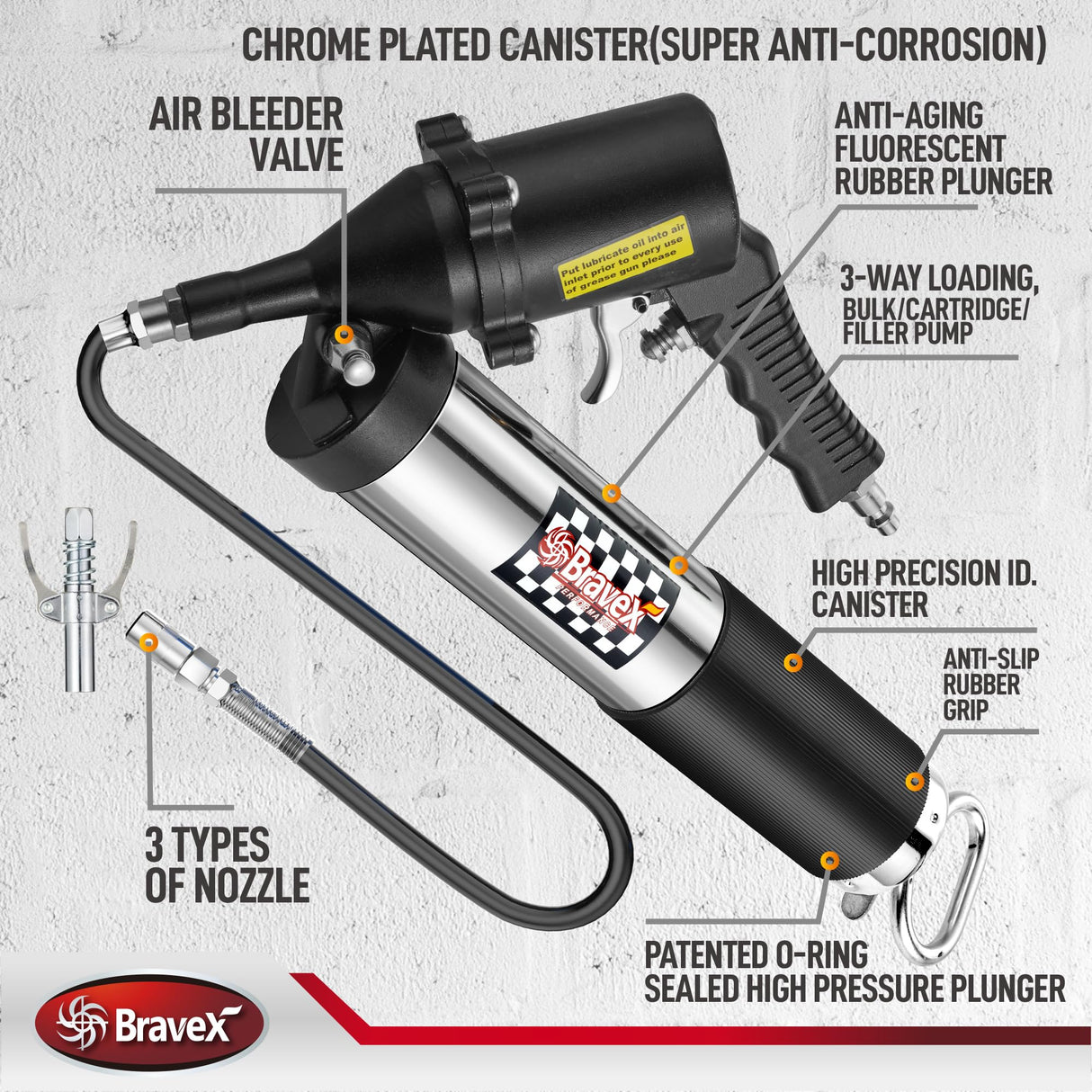 Pneumatic Grease Gun Automatic W/Quick Release Coupler, Continuous Cycle Heavy Duty 6000 PSI Air Compressor Grease Gun with Flex Hose 18 Inch Bravex