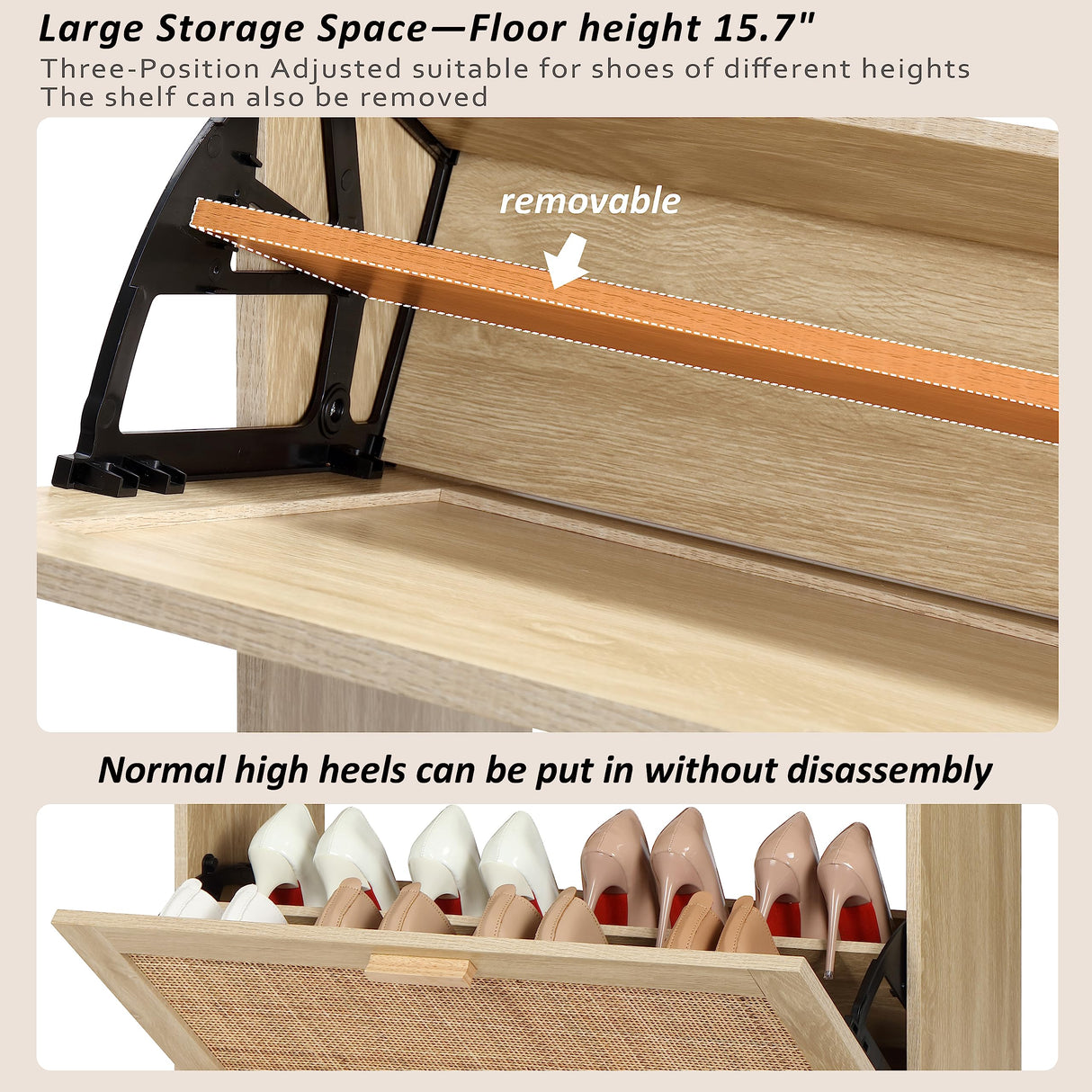 Finnhomy Extended Edition Shoe Cabinet with Natural Rattan Flip Drawers for Entryway, Free Standing 2 Tier Slim Shoe Organizer with Large Top Board, Shoe Cabinet with 3-Gear Adjustable Width Drawers Finnhomy