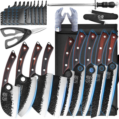 XYJ Professional Serbian Chef Knife Set with Roll Bag, Japanese Culinary Knives, Meat Cleaver, Kitchen Chopping Knife, and Protective Sleeves, Perfect for Home Cooking or Outdoor Camping (13)