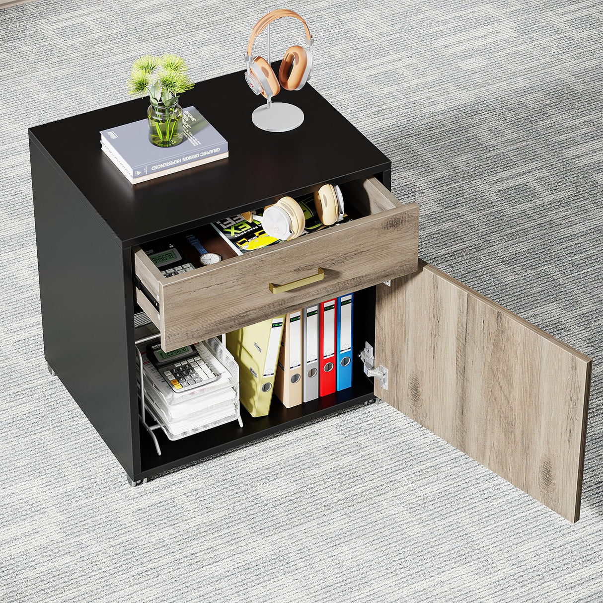 Tribesigns 70.8" L-Shaped Executive Desk with Drawer Cabinet, Large Executive Office Desk with Separate File Cabinet, Home Office Desk Workstation Business Furniture Set, Retro Gray Tribesigns