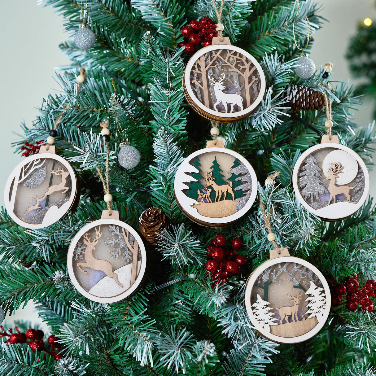 Joiedomi 6 Pcs LED Christmas Hanging Wooden Reindeer Ornaments, Christmas Light Up Ornament for Christmas Tree Decoration, Xmas Lighted Pretty Ornament, Presents, Party Supplies Decorations Joiedomi