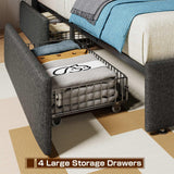 Driftalia LED King Size Bed Frame with 4 Storage Drawers, Upholstered King Bed Frame with 2-Tier Headboard and Charging Station, No Box Spring Needed, Easy to Assembly - Dark Grey Driftalia