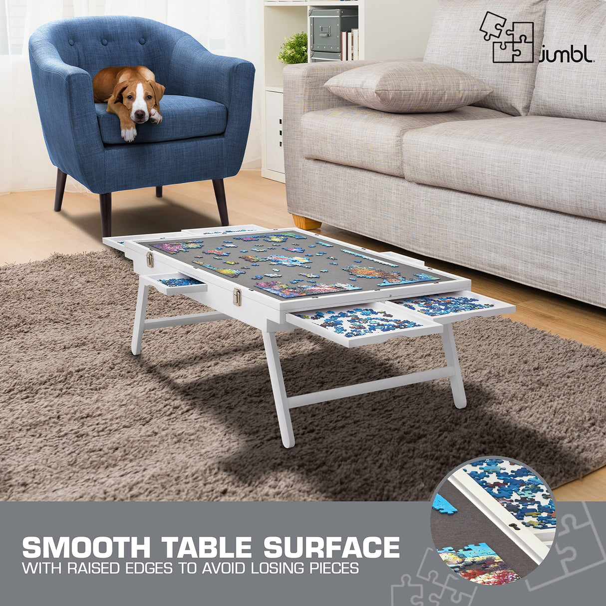 Jumbl Premium 1000-Piece Tilting Puzzle Board Rack w/Felt Surface 6 Removable Sorting Drawers Interlocking Cover | 23” x 31” Wooden Jigsaw Puzzle Table w/Legs | Reinforced Hardwood Construction Jumbl