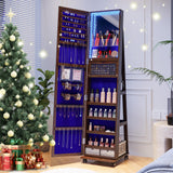 HNEBC 360° Rotating Jewelry Armoire with Lights, Lockable Mirror Jewelry Cabinet, Standing Full Length Mirror with Jewelry Storage, Large Jewelry Mirror Organizer, Wheels,Foldable Makeup Shelf (Brown) HNEBC