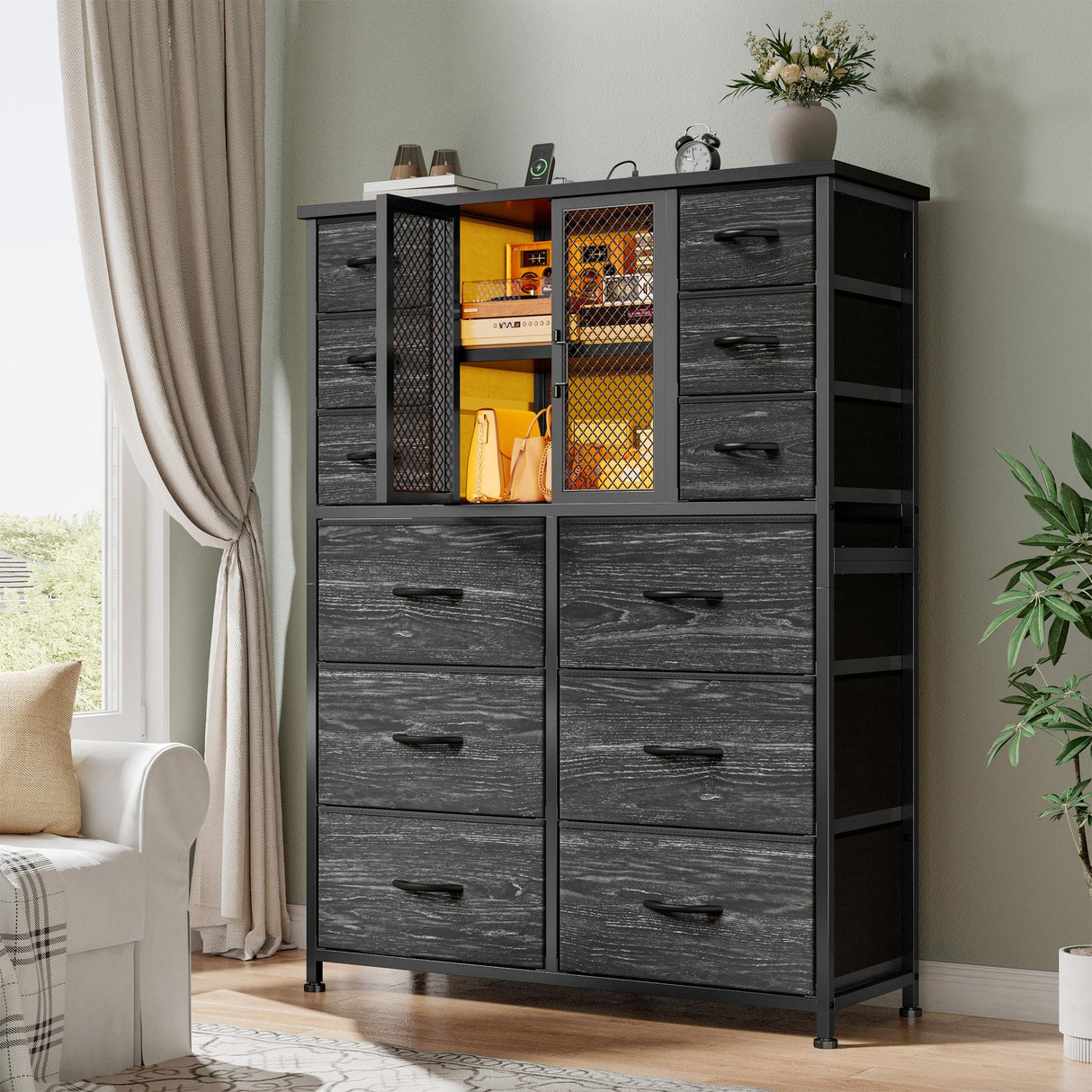 EnHomee Tall Dresser for Bedroom with 12 Drawer Dressers & Chests of Drawers for Closet with Charging Station & LED Lights & Mesh Door Sturdy Black Dresser with Wooden Top and Metal Frame EnHomee