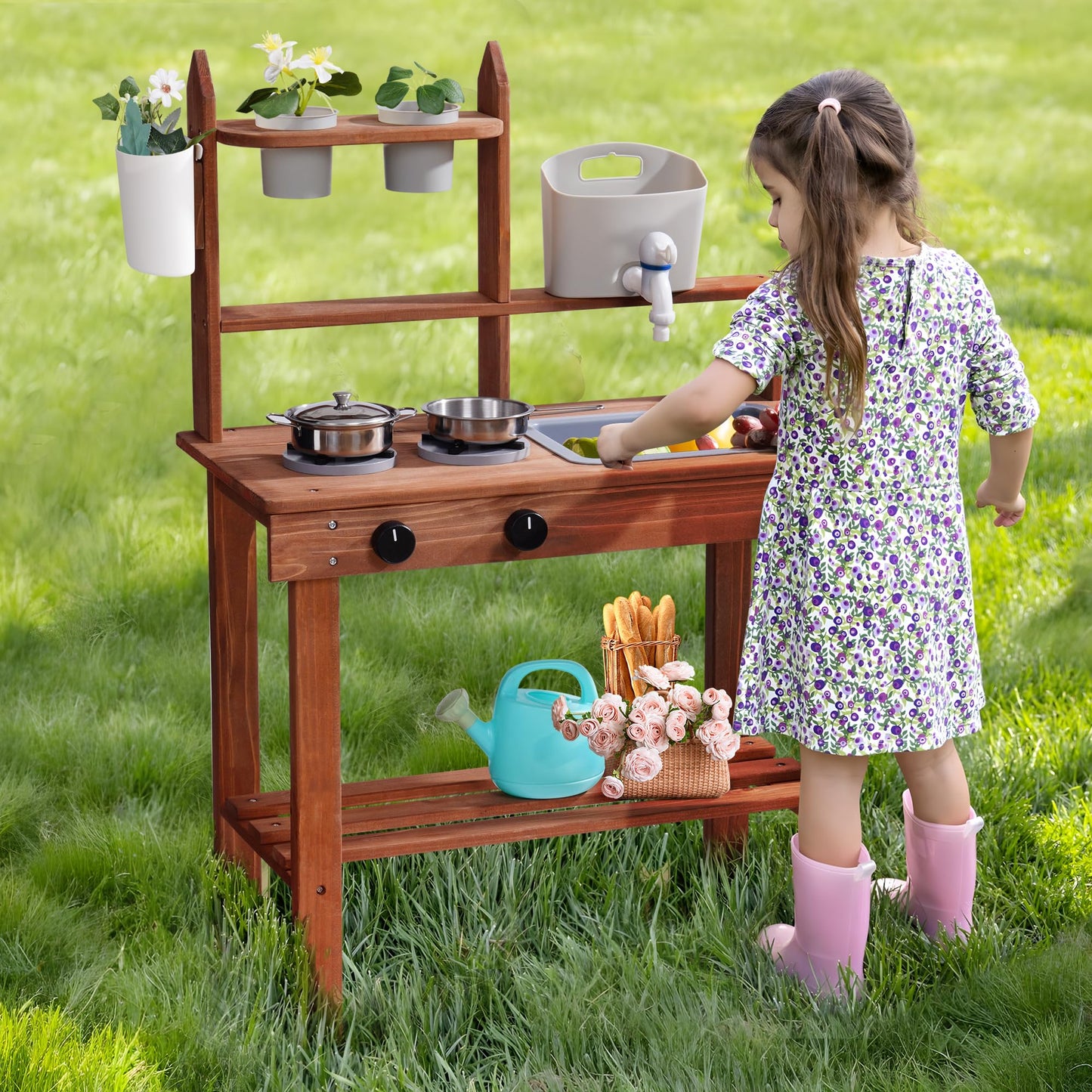 ROBUD Mud Kitchen for Kids Outdoor, Wooden Outdoor Play Kitchen, Kids Mud Kitchen with Removable Sink & Faucet, Monteeori Toys for Children Ages 3+ Years, WG404