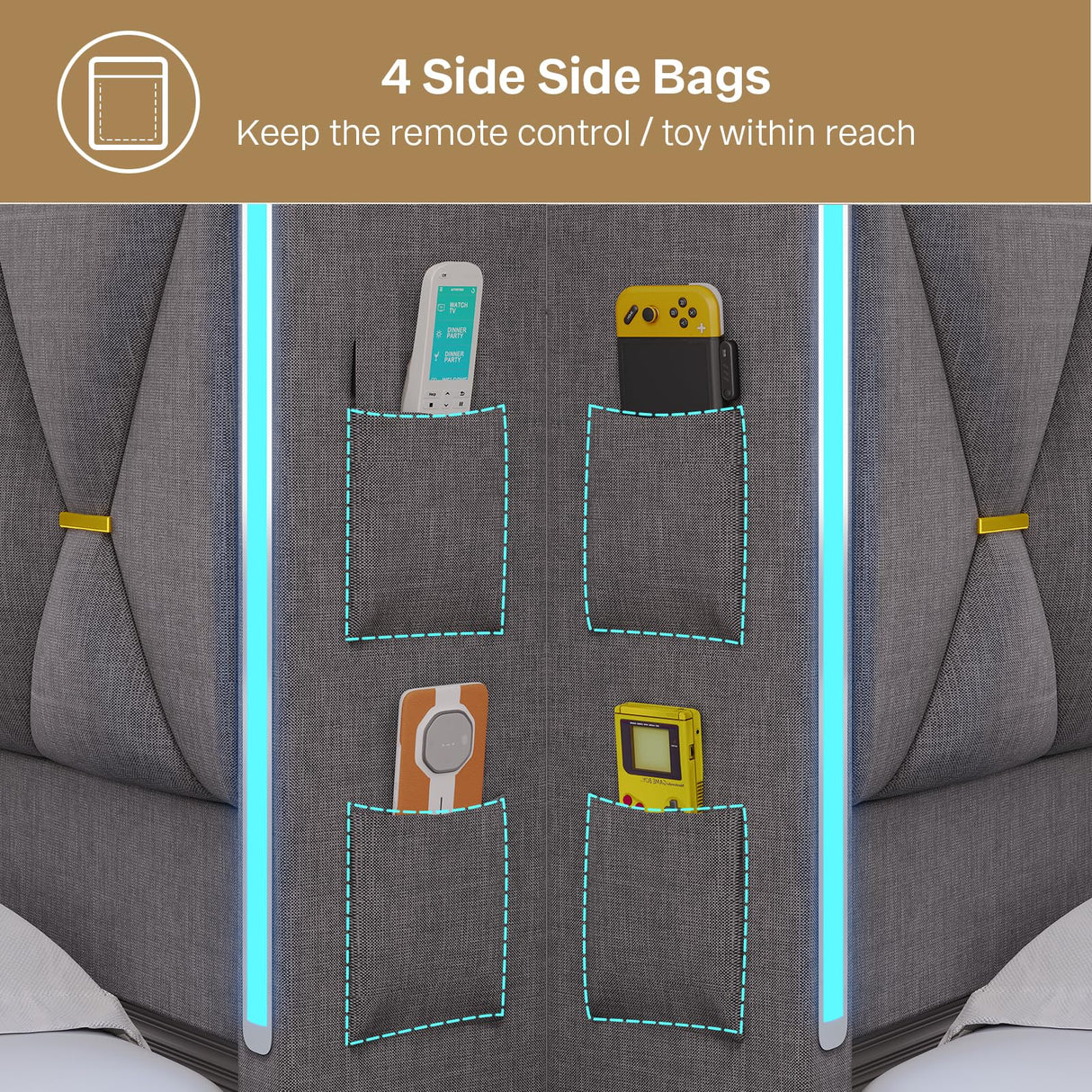 King Size Bed Frame with Storage, Platform Bed Frame King Size with LED Lights, King Bed Frame with Upholstered Headboard & Charging Station, No Box Spring Needed, Noise-Free, Easy Assembly, Gray Tagafi