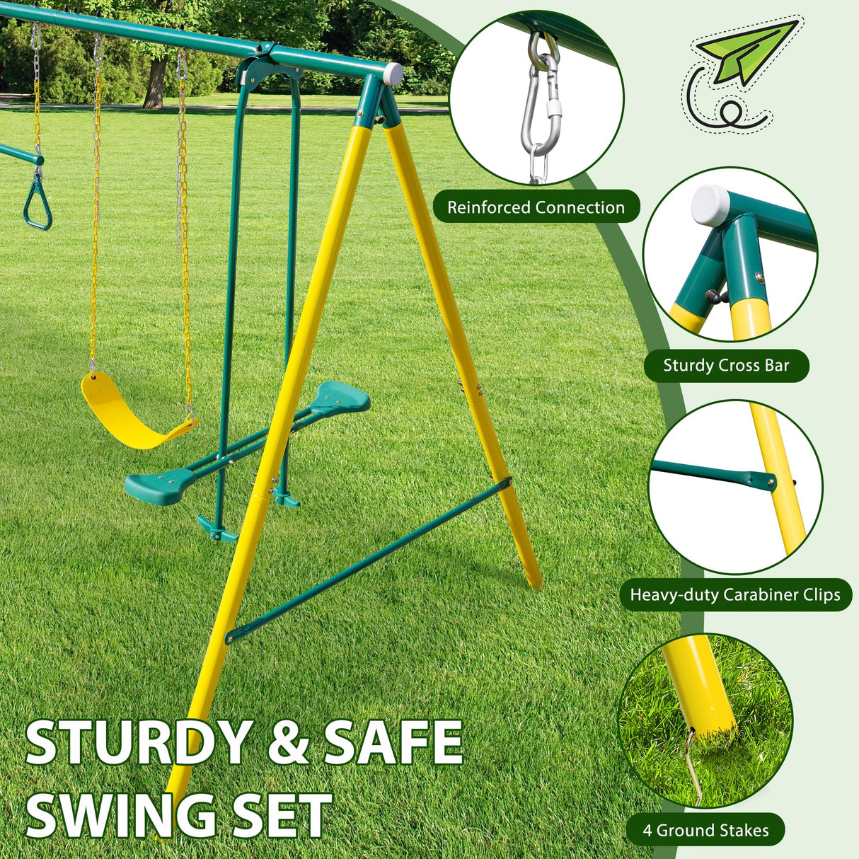 Swing Sets for Backyard, 5 in 1 Heavy-Duty Metal Swing Stand with Belt Swing, Glider, Trapeze Bar, Slide, A-Frame Outside Swing Set for Boy Girl Gift, Holds Up to 550lbs Aura Outdoor