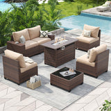 Aoxun Outdoor Patio Furniture Set with 44'' Fire Pit Table, 7 Pcs Outdoor Patio Furniture Sets with 4in Thicken Cushion, Widen Armrests Wicker Outdoor Sectional for Backyard (Waterproof Cover Include) Aoxun