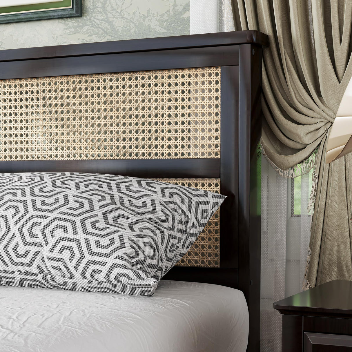 Luxepurilyn Rubber Wood Queen Size Bed Frame, Rattan Bed Frame Queen with Rattan Headboard, Enhanced Support Slats- Rubber Wood, Espresso, No Box Spring Needed Luxepurilyn