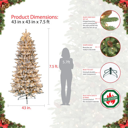 Puleo International 7.5 Foot Pre-Lit Slim Flocked Fraser Fir Artificial Christmas Tree with 500 UL Listed Clear Lights