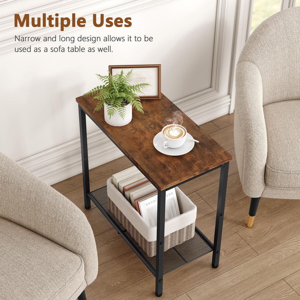 Hoctieon 2 Tier End Table, Sofa Side Table, Narrow Side Table with Storage, Slim Nightstand for Small Spaces, Metal Frame, for Living Room, Bedroom, Sofa Couch, Hall, Rustic Brown Hoctieon