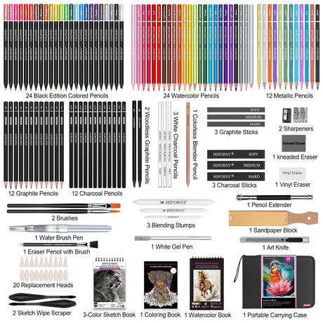 HIFORNY 136 PCS Drawing & Sketching Set,Pro Art Supplies with Graphite,Charcoal,Colored,Watercolor,Metallic Pencils,Blending Tools,Sketchbook,Watercolor Book and Coloring Book in Zipper Case (Black) HIFORNY