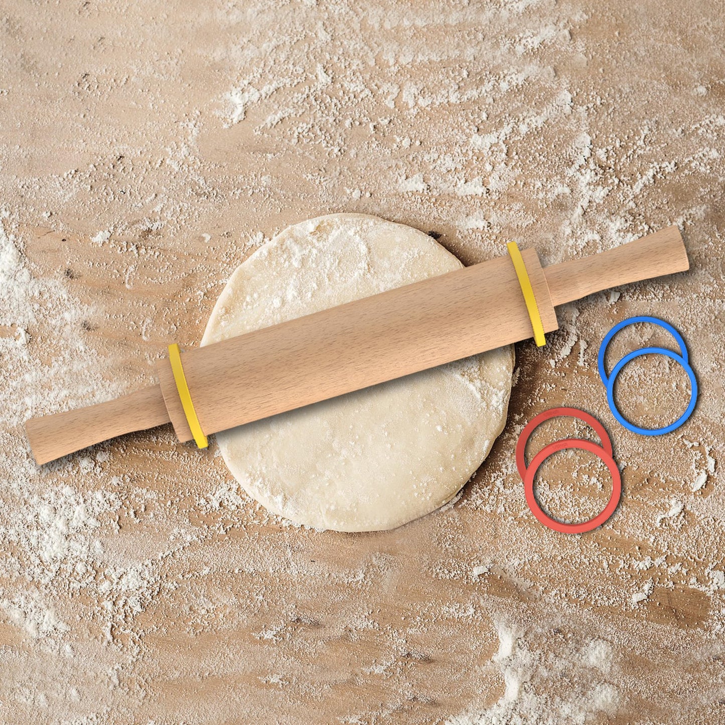 Mepple Classic Wooden Rolling Pin with Handle and Pastry Mat for Fondant, Pizza, Pies, Cookies, Rolling Pin for Baking with 3 Multi-Color Thickness Rings, 17" x 2.5" Natural Beechwood Rolling Pin