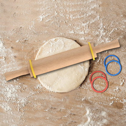 Mepple Classic Wooden Rolling Pin with Handle and Pastry Mat for Fondant, Pizza, Pies, Cookies, Rolling Pin for Baking with 3 Multi-Color Thickness Rings, 17" x 2.5" Natural Beechwood Rolling Pin