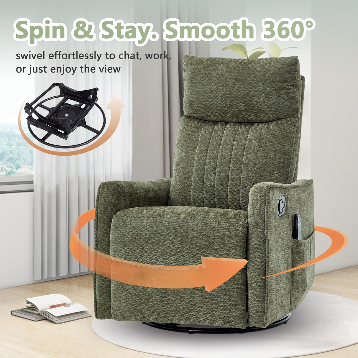 cinkehome Swivel Rocker Recliner, Glider Rocking Recliner Chair for Nursery, Manual Reclining Chair with Heated Massage, Small Spaces, Living Room, Olive Green Chenille cinkehome