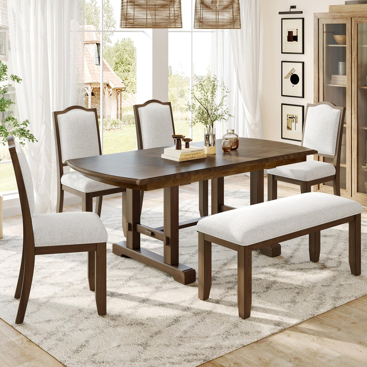 6-Piece Dining Table Set, 60inch to 78inch Extendable Wood Dining Table with Removable Leaf, Kitchen Table Set with 4 Upholstered Side Chair and Bench, Dining Table Set for 6 (Brown) THINK 30
